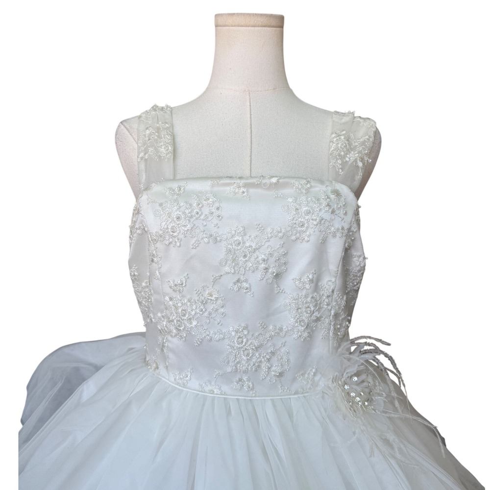Vintage Tulle Beaded Tiered Ruffle A-Line Tea Length Wedding Dress Size 16 Bow - Picture 2 of 12